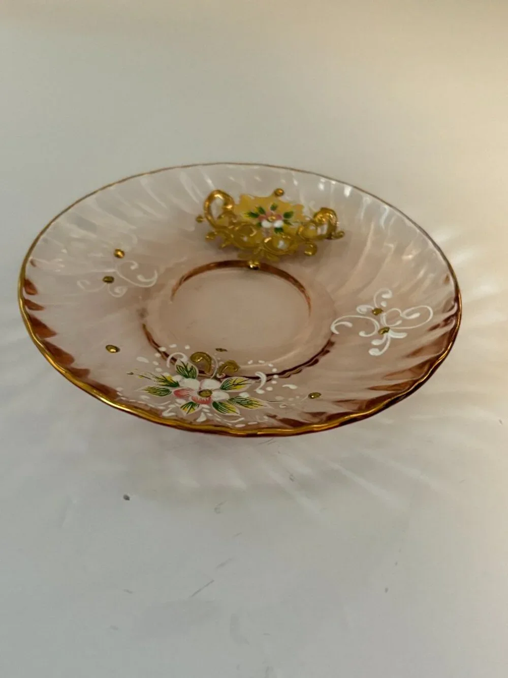 Vintage Glass Small Plate Hand pained Floral w/Gold Overlay